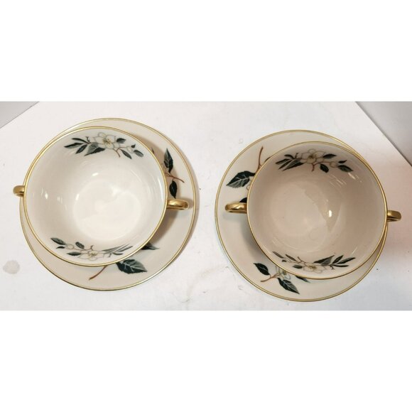 Vtg Flintridge China Tea Leaves Footed Soup Bowls With Saucers Set of 2 Floral - Picture 4 of 13